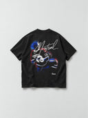 Monaco Social Club Montreal Blur Tee in black, back flat lay showing blurred red and blue hockey artwork with white Montreal script.