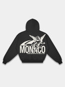 The saint double zip hoodie. Heavyweight Full-Zip Hoodie in black with back graphic — Monaco Social Club streetwear