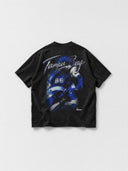 Monaco Social Club Tampa Bay Blur Tee in faded black, back flat lay showing electric-blue hockey artwork and Tampa Bay script.