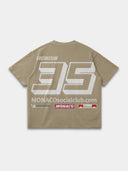 Monaco Sponsor khaki heavyweight tee, back mockup showing large white No. 35, website text and racing logos.
