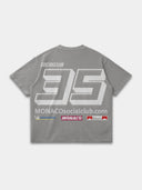 Light grey Monaco Sponsor oversized tee, back mockup with giant No. 35 and multicolor racing sponsor logos.