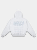 Heather gray Monaco athleisure hoodie back mockup with pale blue typography, logo marks and ribbed waistband.