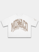 The Varsity Heavyweight Boxy Tee in White with arched Monaco varsity graphic and sleeve star detail — Monaco Social Club streetwear