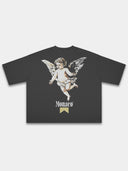 The Cherub Heavyweight Boxy Tee in Black with single angel and Monaco gold ribbon graphic — Monaco Social Club streetwear