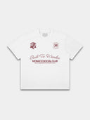 Varsity 35 Arctic white paneled shirt front mockup showing crest, No. 35 badge and Built To Wander print.