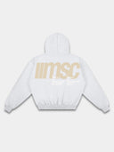 Heather gray graphic hoodie back mockup with large beige MSC lettering, hood, long sleeves and ribbed waistband.