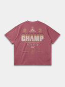 The Champ Tee by Monaco in faded merlot, back mockup with red, beige and cream lettering, crown and crest.