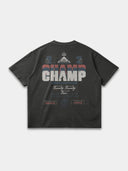 Dark grey Champ Tee by Monaco, back mockup with red, navy and cream text, number 2 graphics and crest.