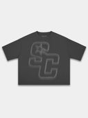 Monaco Club black heavyweight boxy tee, front view with tonal varsity SC monogram print.