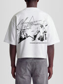 Man model wearing the Rodeo Heavyweight Boxy Tee in White with cowgirl and bull rider western graphic — Monaco Social Club Country Heritage Series streetwear