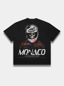 Grid Reaper black paneled tee, back mockup with large skull racing driver graphic and Monaco lettering.