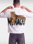 Monaco Tiger white boxy tee worn by model, back view with reclining tiger over blurred wordmark.