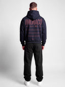 Monaco Aesthetic navy graphic hoodie on model, rear view with burgundy branding and lifestyle typography.