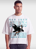 White San Jose Sharks vintage boxy tee worn by model, front view with shark and hockey stick logo.