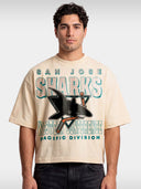 Monaco ivory San Jose Sharks boxy tee worn by model, front view with distressed shark graphic.