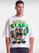 White Taz Dallas Stars boxy tee worn by model, front view with cartoon Taz in hockey gear.