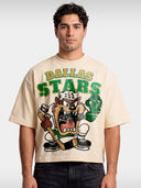 Ivory Taz Dallas Stars boxy tee worn by model, front view with retro cartoon hockey graphic.
