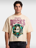 Ivory Anaheim Mighty Ducks boxy tee worn by model, front view with retro duck mask logo.