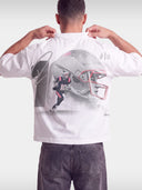 Monaco No. 10 Franchise tee in white worn by model, back view with oversized football helmet graphic.