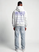 Heather gray Monaco Aesthetic tapered hoodie on model, back view with lavender Monaco typography and lifestyle statement.