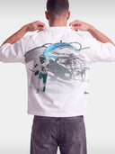 Monaco No. 1 Flight tee in white worn by model, back view with oversized football helmet graphic.