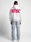 Monaco MSC athleisure hoodie in heather gray, rear model view with vivid red oversized back logo and text.