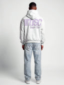 Monaco MSC hoodie in heather gray worn from the back, with lavender logo graphic and bold typographic layout.