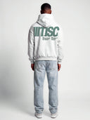 Athleisure tapered hoodie in heather gray on model, rear view with green MSC back graphic and typography.