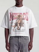 Man model wearing the Country Heritage Series Heavyweight Boxy Tee in White with western cowboy horseback graphic — Monaco Social Club streetwear