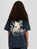 Woman wearing the Spirit Of Rebels Heavyweight Tee in Midnight Navy with cream eagle and Monaco script back graphic — Monaco Social Club streetwear