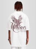 Men wearing the Spirit Of Rebels Heavyweight Tee in White with brown eagle and Monaco script back graphic — Monaco Social Club streetwear