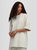 Model wearing heather gray Monaco Social Club heavyweight oversized tee with relaxed fit