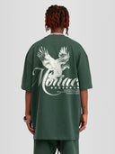 Model wearing cactus green Monaco Social Club oversized tee with white eagle back graphic