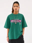 Vintage green Monaco Sponsor oversized racing tee worn by model, front view with Monaco logo and No. 35 graphic.