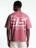 Faded merlot Monaco Sponsor raw hem tee worn by model, back view with oversized white No. 35 and sponsor logos.