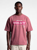 Monaco Sponsor faded merlot heavyweight tee worn by model, front view with red Monaco logo and No. 35 graphic.