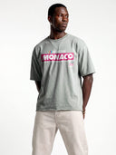 Light grey Monaco Sponsor raw hem tee on model, front view with red Monaco logo and No. 35 chest graphic.