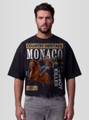 Man model wearing the Vintage Cowboy Heavyweight Boxy Tee in Faded Black with western horseback rider and Cowboy Killer graphic — Monaco Social Club streetwear
