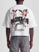 Man model wearing the Renaissance Heavyweight Boxy Tee in White with full-color Renaissance cherub and roses graphic — Monaco Social Club streetwear