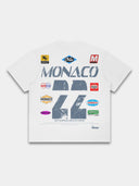 Arctic white Paddock paneled shirt back mockup with distressed gray Monaco 44 racing graphic and colorful badges.