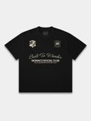 Varsity 35 black paneled shirt front mockup with crest, No. 35 emblem and Monaco Social Club lettering.