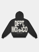 Blur Dept. Heavyweight Full-Zip Hoodie in Faded Black with stacked Monaco typography and star graphic — Monaco Social Club streetwear