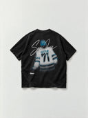 Monaco Social Club San Jose Blur Tee in faded black, back flat lay showing blurred 71 artwork and white San Jose script.