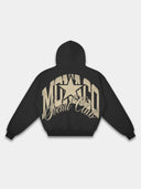 The Varsity Heavyweight Full-Zip Hoodie in Black with arched Monaco graphic — Monaco Social Club streetwear