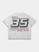 Monaco Sponsor arctic white heavyweight tee, back mockup showing large white No. 35, website text and racing logos.