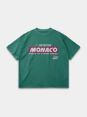 Monaco Sponsor vintage green raw hem tee, front mockup with red-and-white racing logo and No. 35 chest graphic.