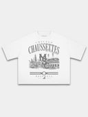 White Chaussettes boxy tee, front view with Chicago Chaussettes Blanches ballpark print.