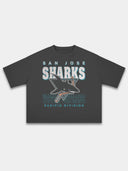 Black San Jose Sharks heavyweight boxy tee, front view with teal and white hockey graphic.