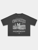 Monaco Chaussettes black heavyweight boxy tee, front view with skyline and stadium graphic.