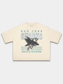 Monaco ivory Sharks vintage tee, front view with faded shark logo and teal block lettering.
